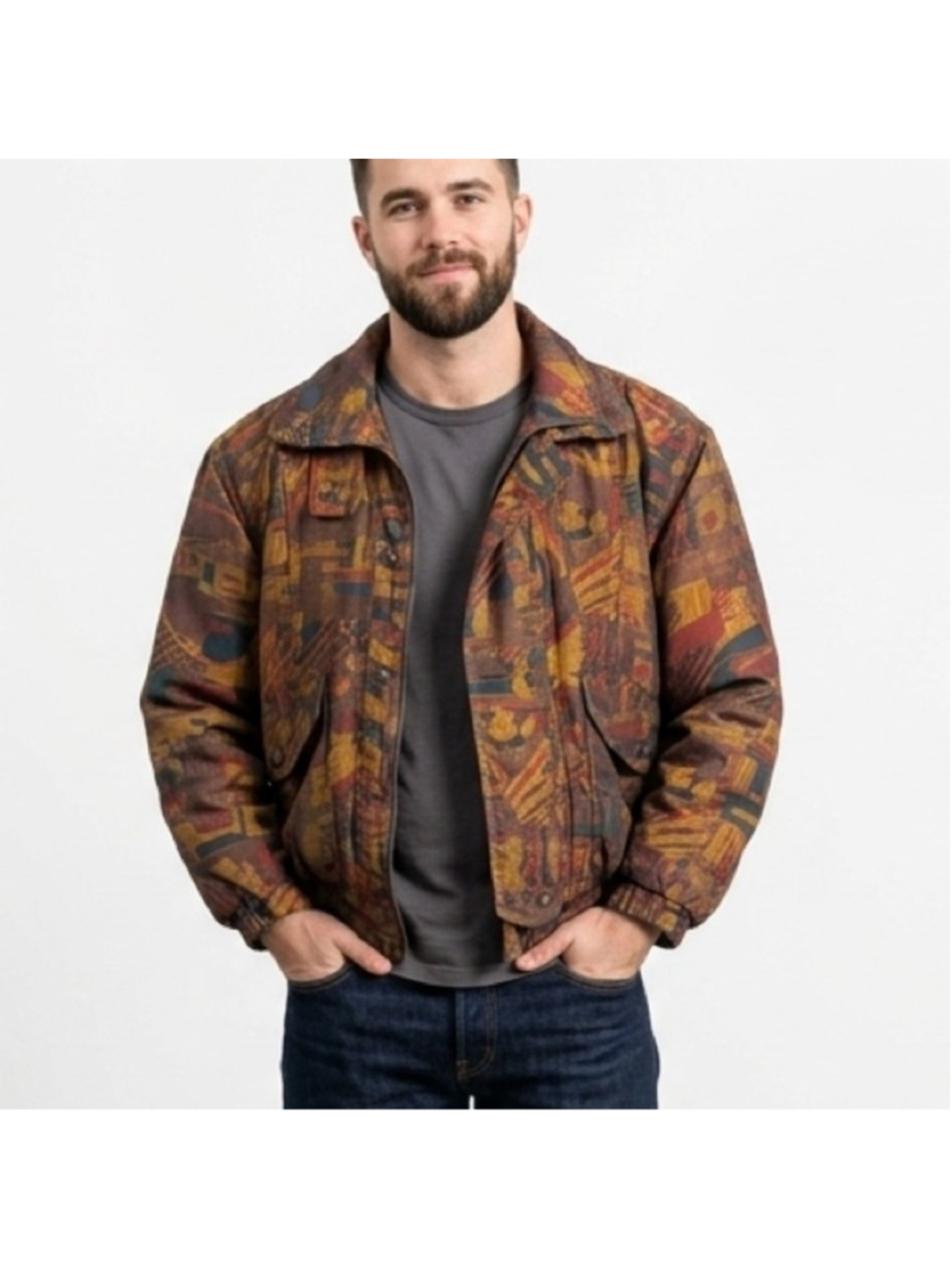 Vintage London Fog Abstract Baroque Bomber Jacket 80s 90s Earth Tone men's large